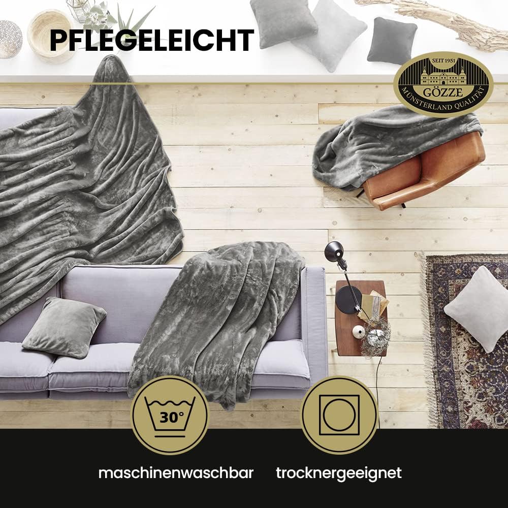Gözze - Premium Cashmere-Feeling Wohn- und Kuscheldecke, 500 g/m², 220 x 240 cm - Blau Blau 220 x 24
