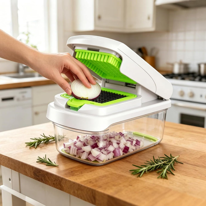 7-in-1 Gemüseschneider - Scheiben/Julienne/Würfel/Wellen/Reiben (Grün), Grün