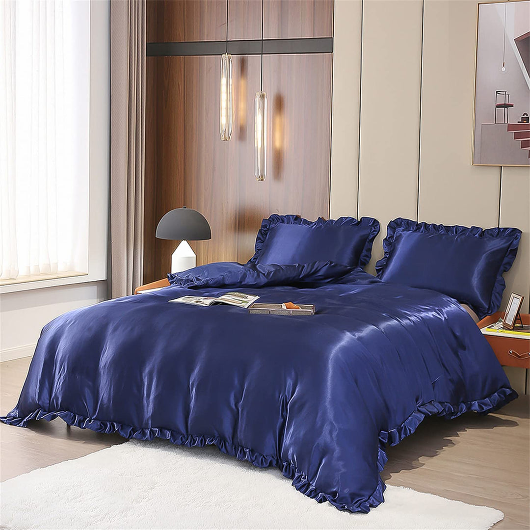 Freyamy Bettwäsche 155x220 Glatt Luxus Seide Bettwäsche Set Blau Dunkelblau Einfarbig Rüschen Romant