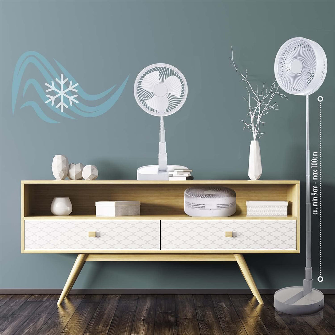 GOODS+GADGETS Faltbarer Tischventilator &amp; Stand-Ventilator mit wiederaufladbarer Batterie mit 6000 m