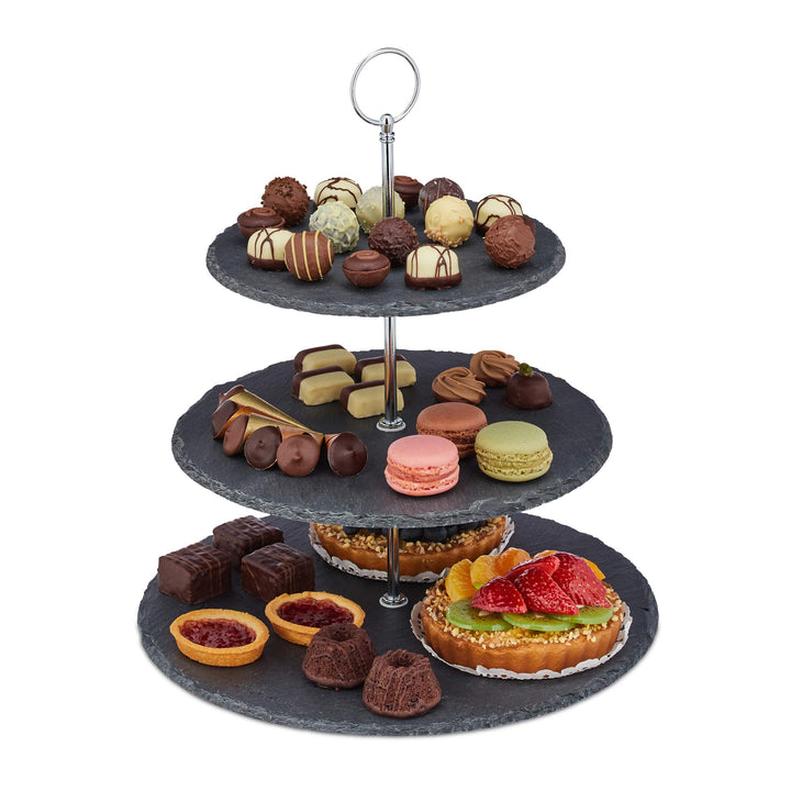 Relaxdays Etagere, 3 Etagen, Schiefer, Kuchen, Snacks, Obst, Metallgriff, Servierständer, HxD 34x30