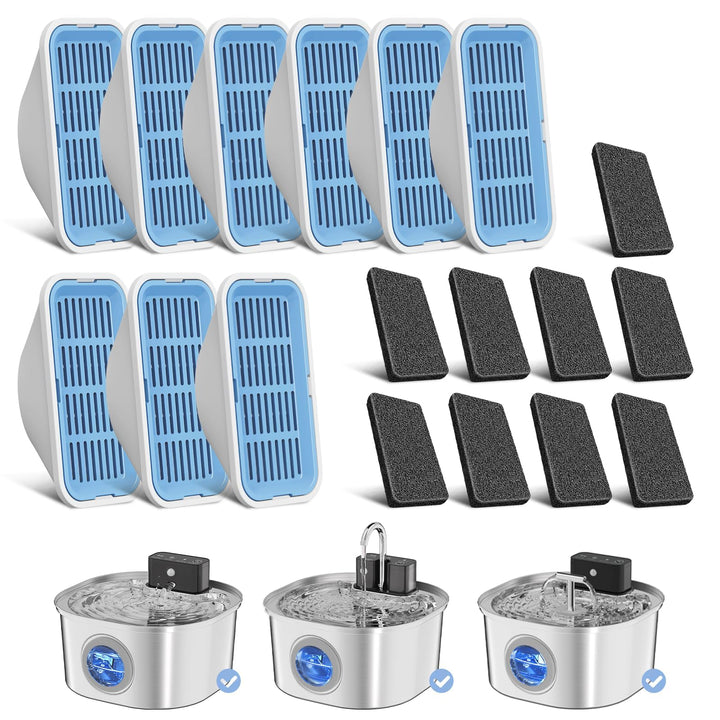 Ersatz-Katzen-Wasserbrunnenfilter, 9 Filter und 9 Vorfilterschwämme für 3,2 l Edelstahl-Wasserbrunne
