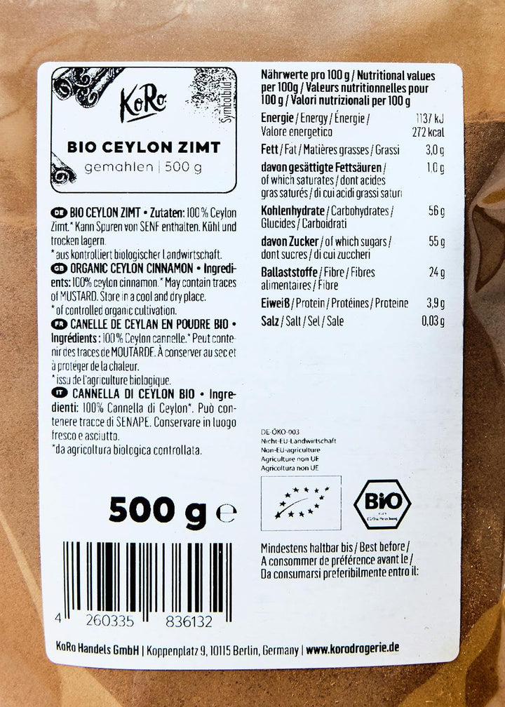KoRo - Bio Zimt "Cinnamomum Ceylanicum" aus Madagaskar 500 g - Bio-Qualität - Fein gemahlen - Mildes