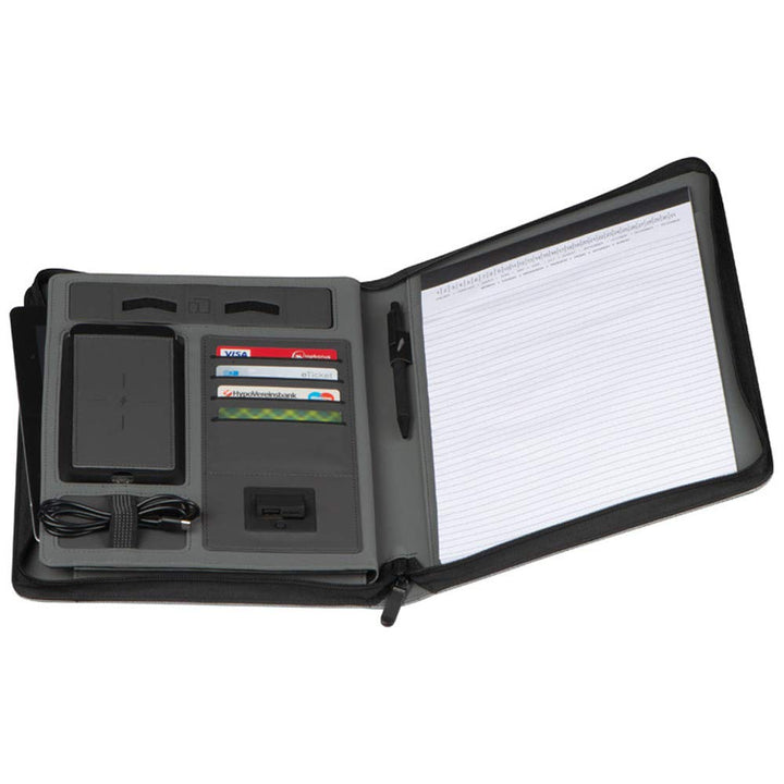 Schreibmappe aus Kunstleder mit Powerbank für persönliche Daten als Personal Organizer für Büro und