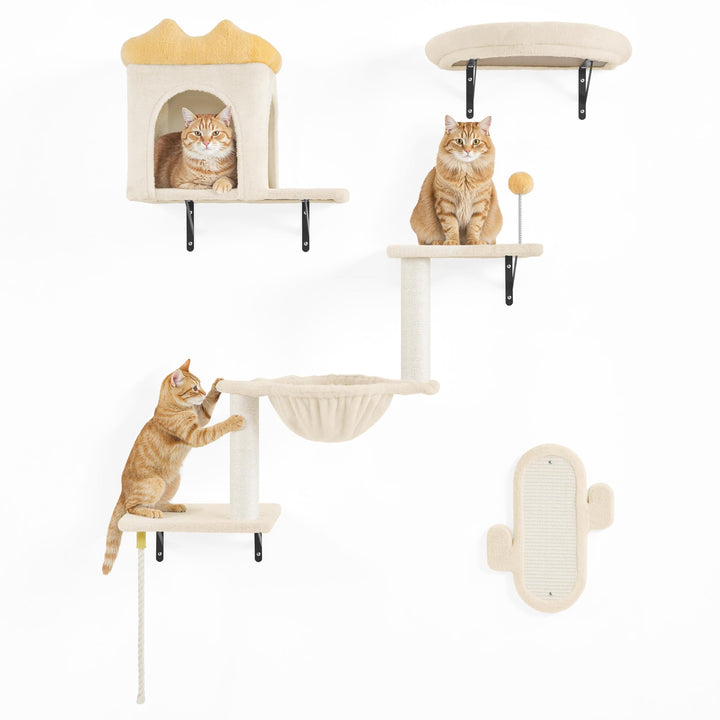 Yaheetech Kletterwand Katzen Wandelemente mit Katzenhaus &amp; Korb beige Beige 49 cm L × 30 cm B × 40 c