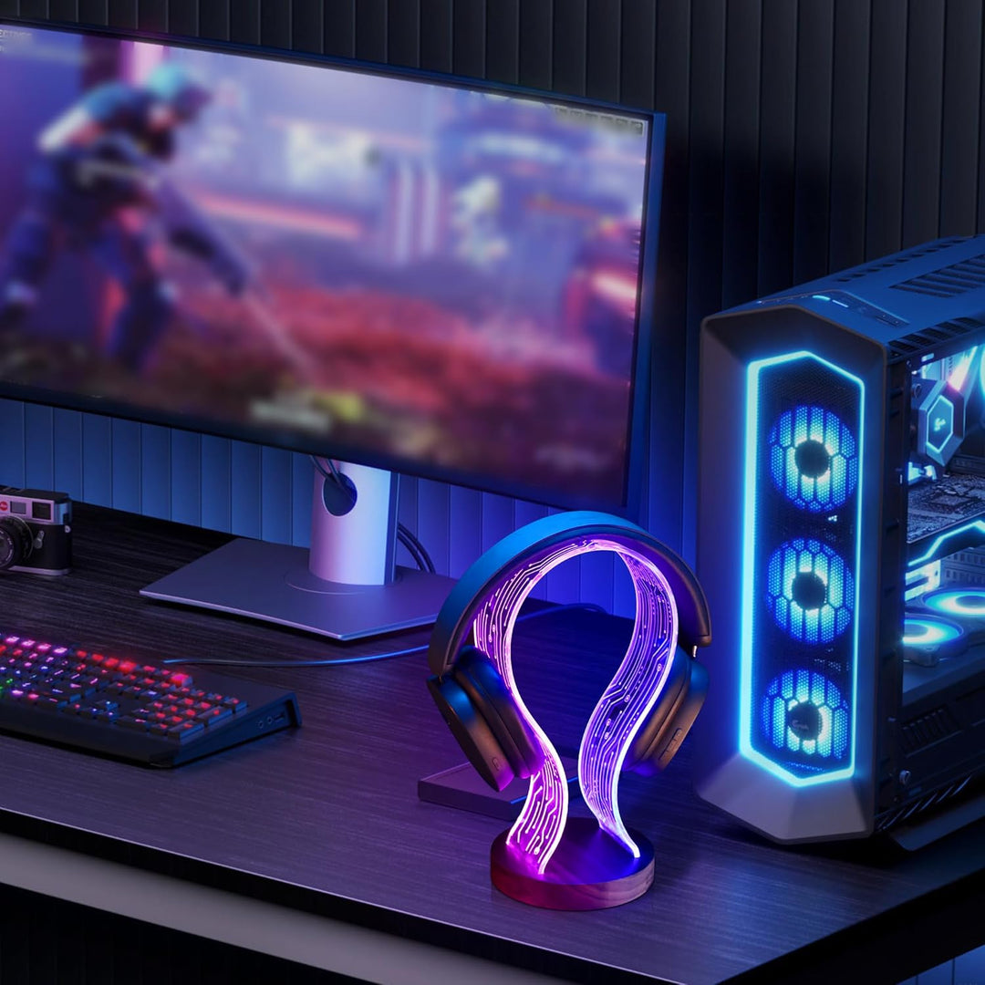 Ammonite Kopfhörerständer - Walnussholz Gaming Schreibtisch Accessoire mit LED-Leuchten, USB-Strom &amp;