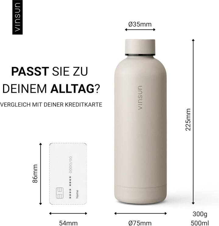 Vinsun Trinkflasche Edelstahl beige 500ml - auslaufsicher, Kohlensäure geeignet, BPA frei - doppelwa