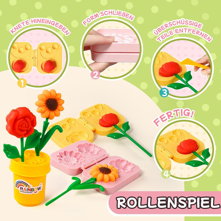 VBACALA Knete Set Kinder Blumenstrauss DIY, Bastelset Kinder zum Selbermachen von Blumen, 48PCS mit