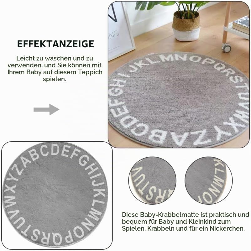 Hohopeti Baby-Krabbelmatte Runder Kinder Spielteppich 31.50 Zoll Mit Alphabet Weicher Baumwollteppic