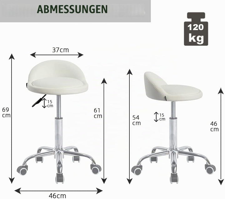 Mingone Bürohocker mit Rollen Arbeitshocker Weiss Rollhocker Höhenverstellbar Sitzhocker 360° Drehba