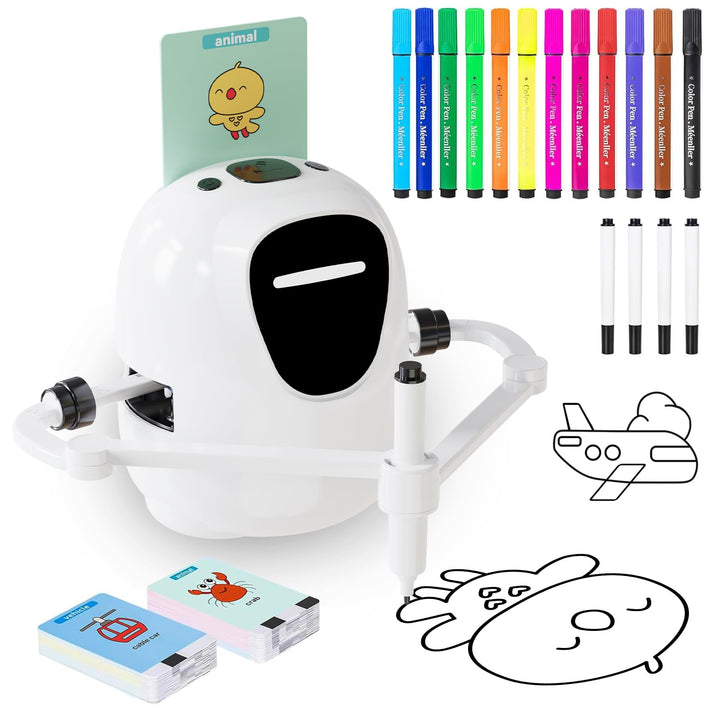 Zeichenroboter für Kinder ab 3 Jahren – sprachinteraktiver Malroboter mit 100 Lernkarten, 4 Stiften,