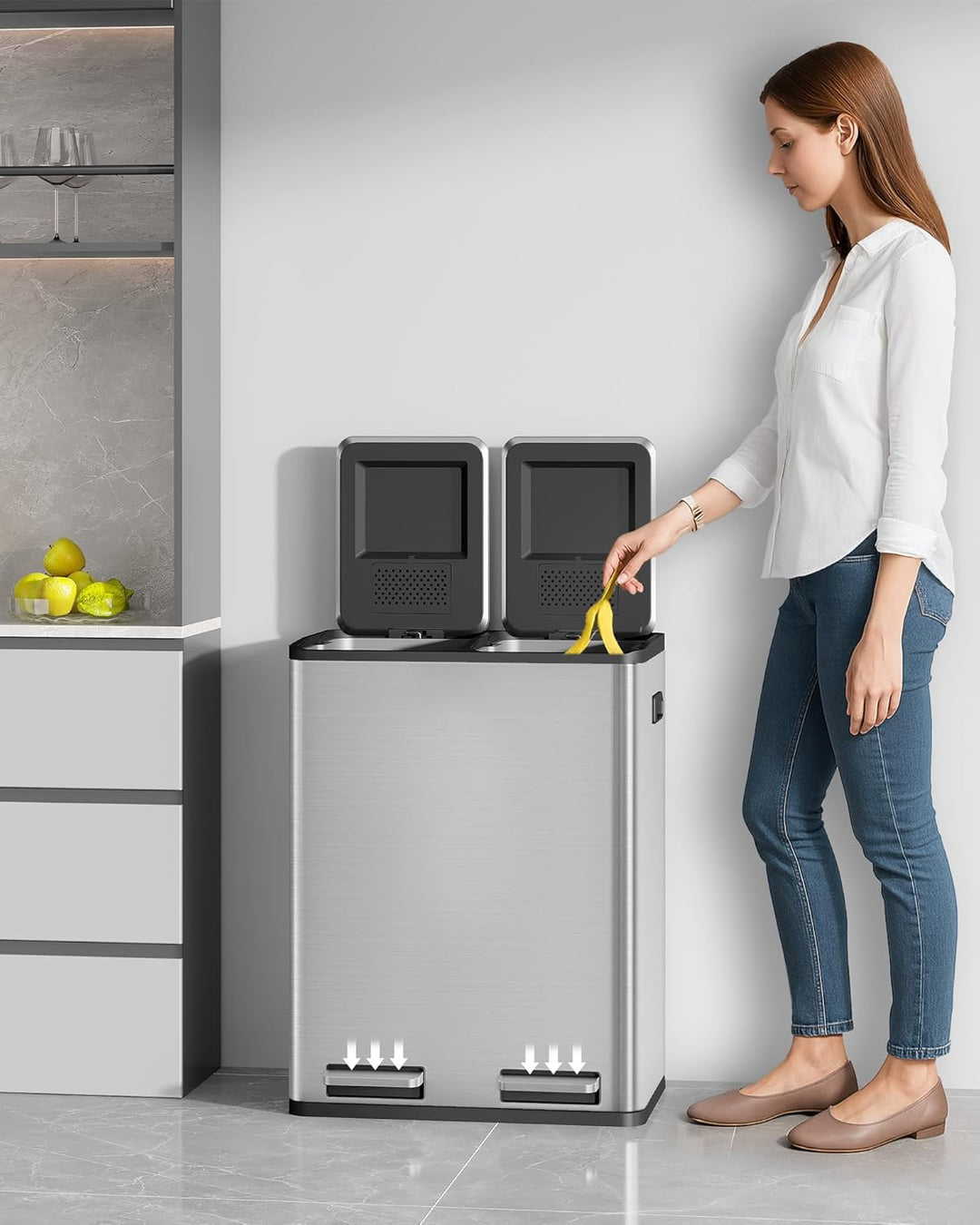 Hzuaneri Mülleimer Küche, Mülltrennsystem 2 Fächer 60 L (2 x 30 L), Edelstahl-küchenmülleimer, Tretm