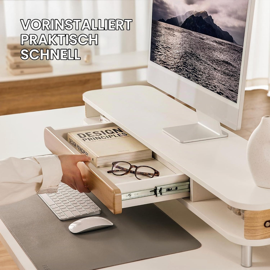 Fenge Dual Monitorständer mit Schublade, 108cm Bildschirmerhöhung mit Aluminiumbeinen &amp; Ledergriff,