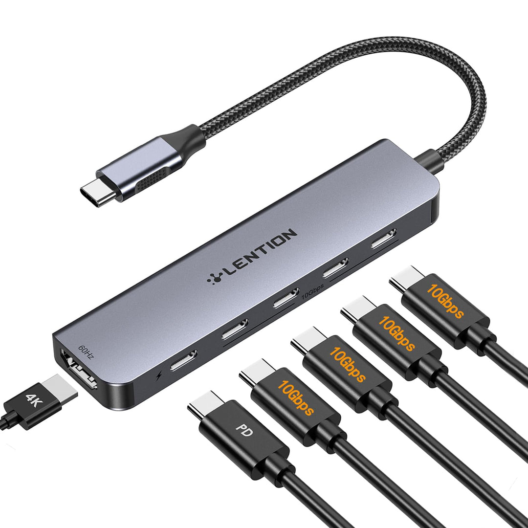 LENTION 4 Port USB C Hub 10 Gbps USB-C 3.2, 4K@60Hz HDMI, 100W PD Aufladung 4x USB-C in 10Gbps Grau,