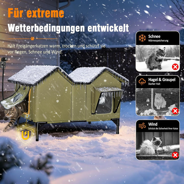 Beheiztes Katzenhaus Outdoor Winterfest, extra grosses isoliertes Katzenhaus für draussen mit Heizpo