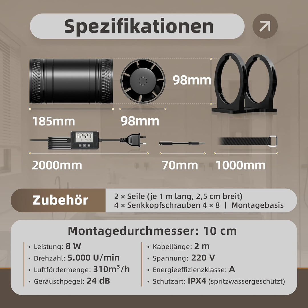Elektronischer Lüfter, 100mm Rohrventilator mit Feuchtigkeits- &amp; Temperatursensor, Fernbedienung, 6-