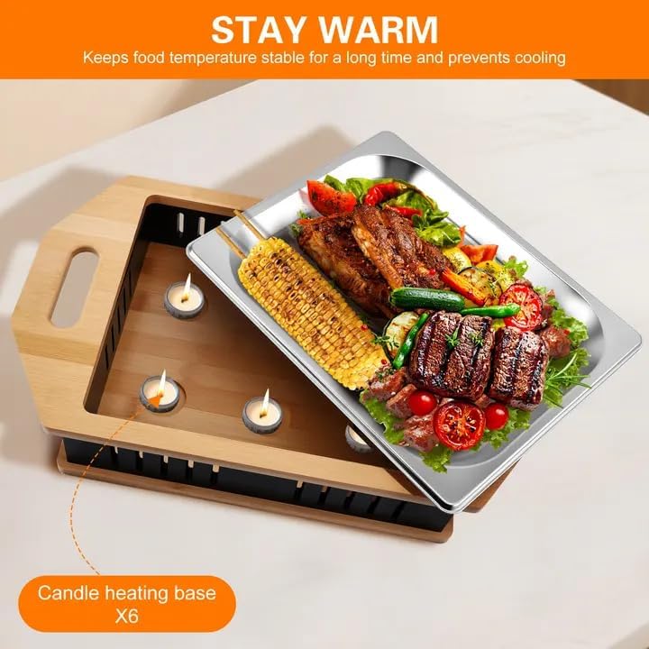 BBQ Warmhalteplatte Teelicht, BBQ Servierplatte mit Edelstahlauflage &amp; Teelichtfunktion, Fleischwarm