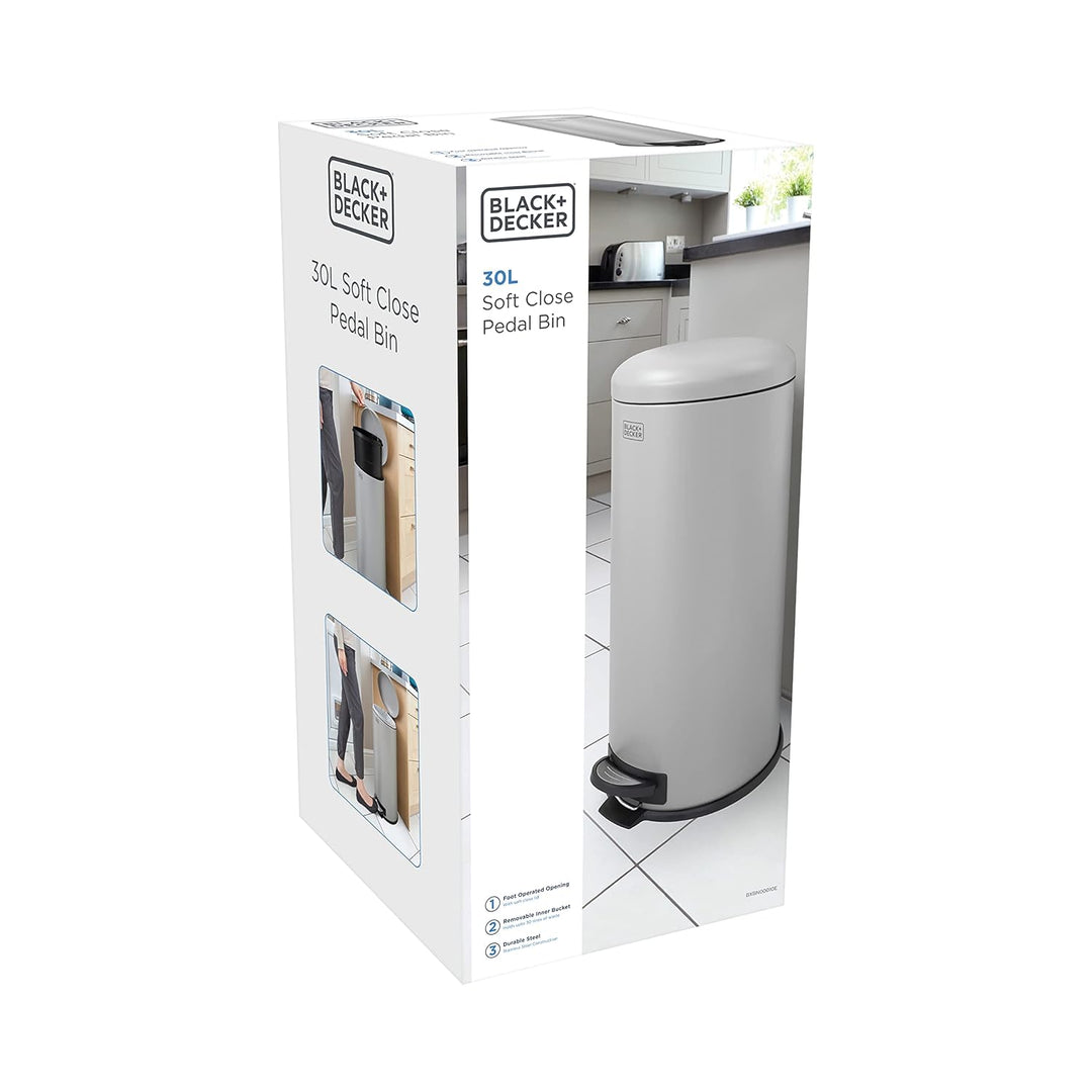 Black+Decker Treteimer mit Absenkautomatik, 30 l, Edelstahl, Grau