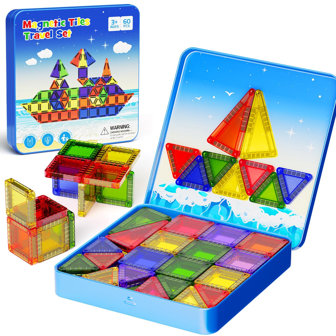 Magnetische Bausteine für Kinder 60pcs Magnetbausteine STEM Magnetische Tiles mit tragbarer Stahlbox