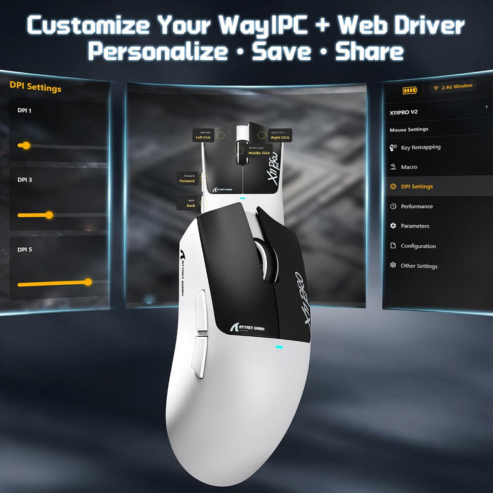 ATTACK SHARK X11 PRO V2 Kabellose Gaming Maus mit TFT Dock, Schwarz Weiss A, Schwarz Weiss A