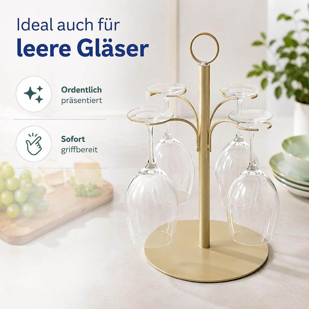 Relaxdays Getränke Tower, 4 Gläser, Stahl, Gold, Gold