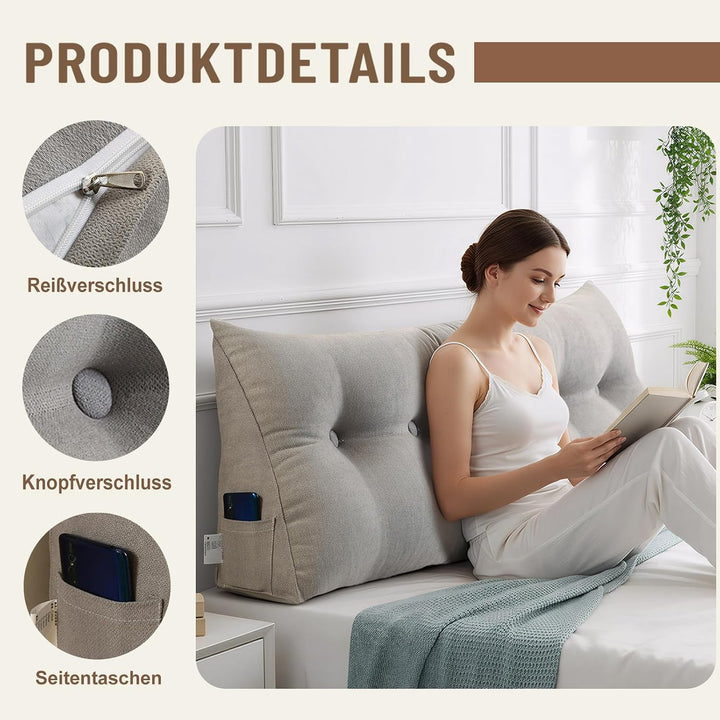 Rückenkissen Abnehmbar Dreieckiges Lendenkissen für Bett Sofa Beige 150*50*20cm, Beige 150*50*20cm