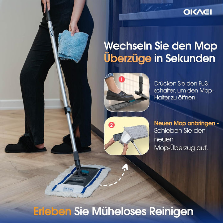 OKAEI Klapphalter für Wischmopps 50 cm – Industrie Mophalter mit 360° Drehkopf &amp; Fussschalter – Bode