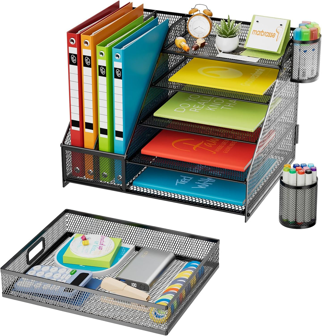 Marbrasse Schreibtisch Organizer,5 Ebenen Papier-Briefablage mit Schublade und 2 Stifthalter,Netz-Sc