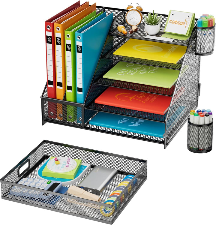 Marbrasse Schreibtisch Organizer,5 Ebenen Papier-Briefablage mit Schublade und 2 Stifthalter,Netz-Sc