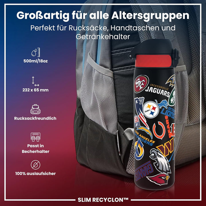 NFL Edelstahl-Trinkflasche, Auslaufsicher, Einhandöffnung, Sichere Verriegelung, Spülmaschinenfest,