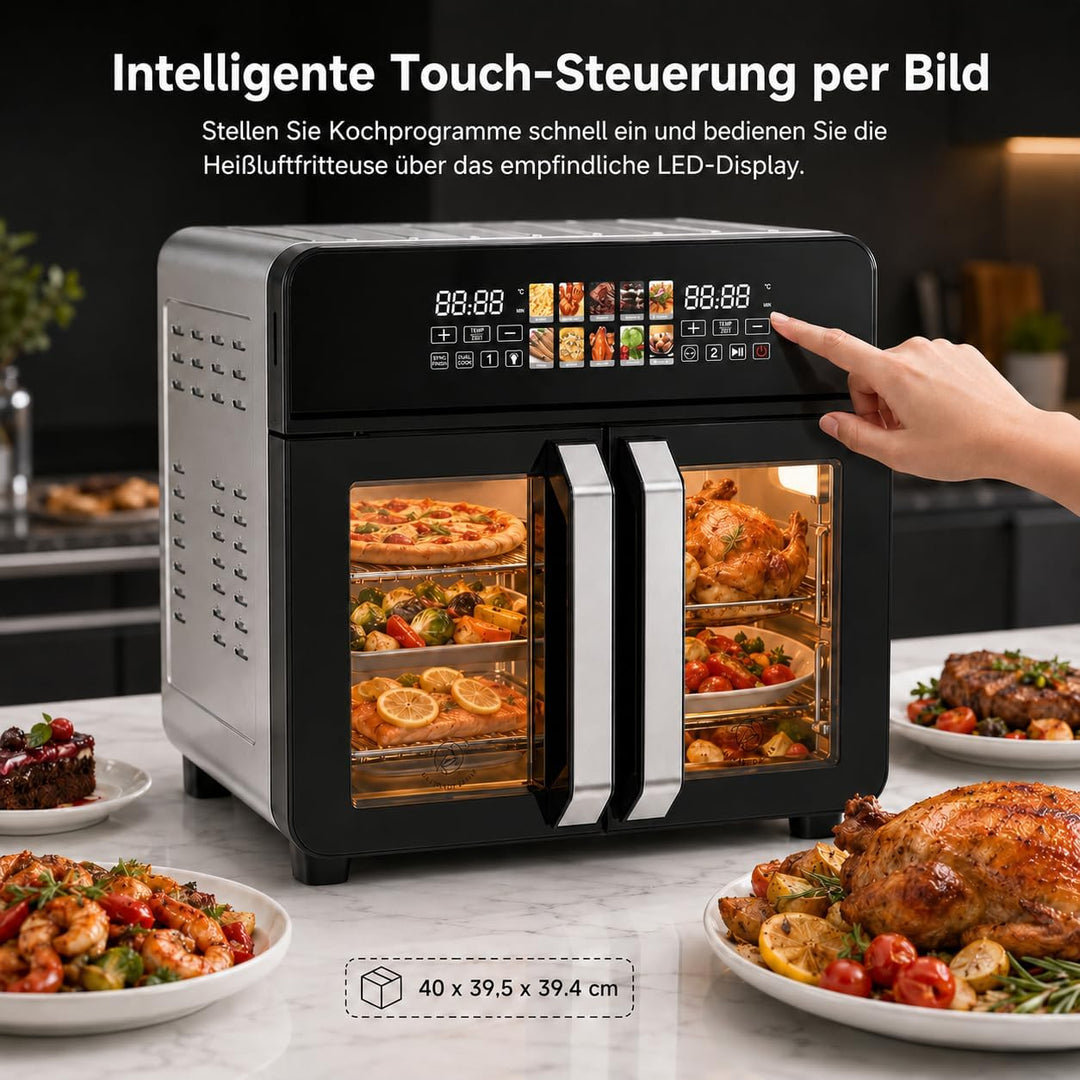 Royal Swiss Airfryer Oven XXL 23 L 2400 W, Heissluftfritteuse mit Doppeltür, 10 Programme, LED Displ