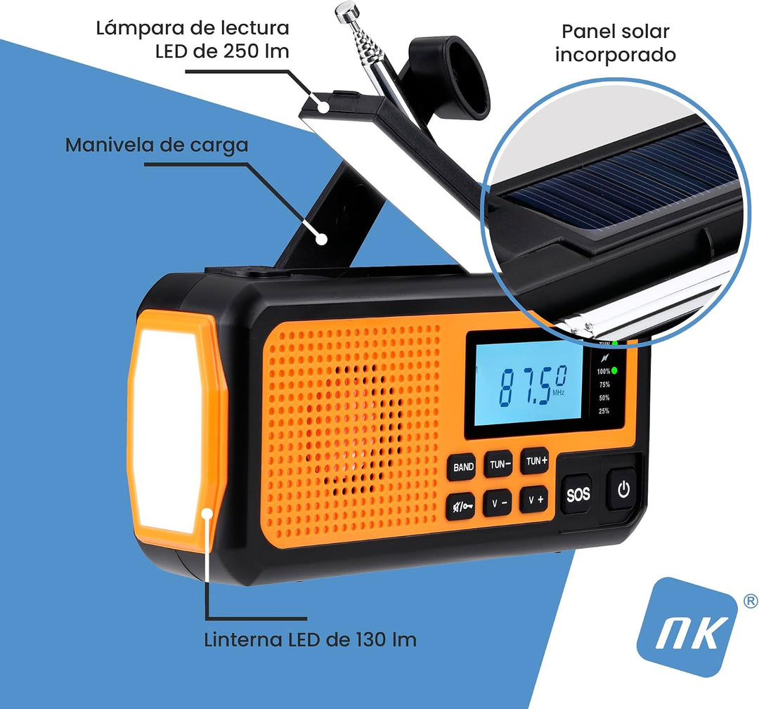 NK Solar-Notfallradio – 4000mAh Powerbank, FM/AM/SW, LED-Taschenlampe, LCD-Display, SOS-Alarm, Handk