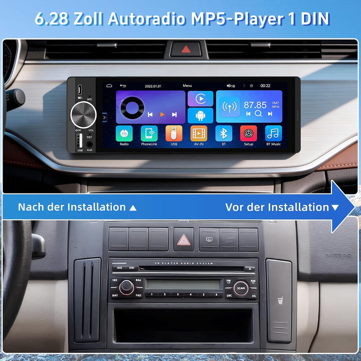 Autoradio 6,28" Touchscreen mit Wireless CarPlay &amp; Android Auto, 1-DIN