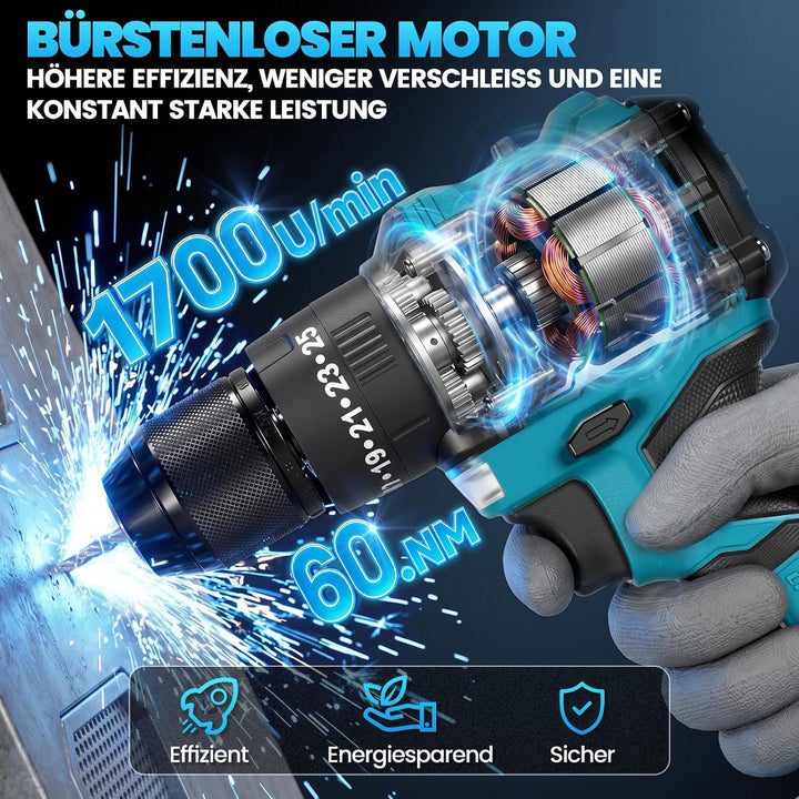 Akkuschrauber/Bohrmaschine Set 25+3 Kompatibel mit Makita 18V Akku, Enthalten 2 Akkus 2.0Ah &amp; Ladege