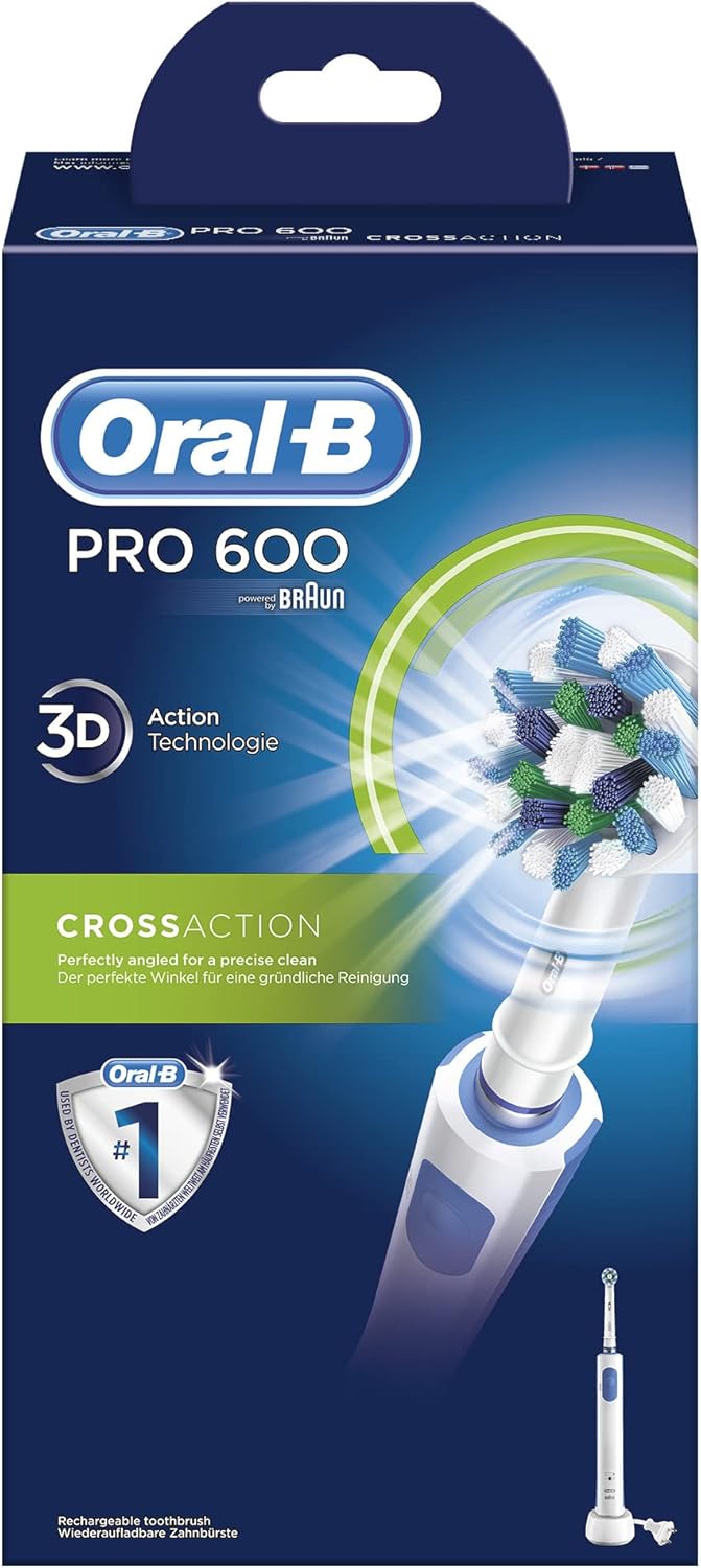 Oral-B PRO 600 CrossAction Elektrische Zahnbürste mit Timer, Cross Action, Weiss, Pro 600