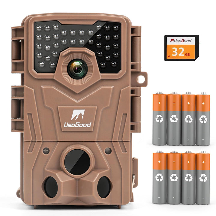 usogood Wildkamera 4K 48MP 30 fps mit Nachtsicht, Bewegungserkennung und Batterie 8 AA + 32 GB, wass