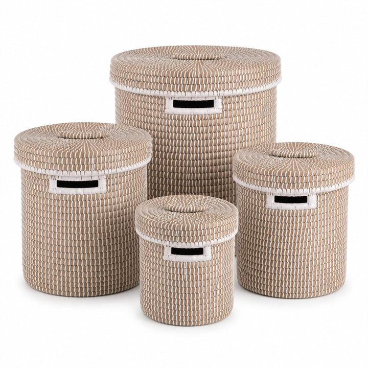 Decorasian Wäschekorb mit Deckel aus Seegras – Bast Wäschesammler geflochten, rund &amp; gross – 4er Set