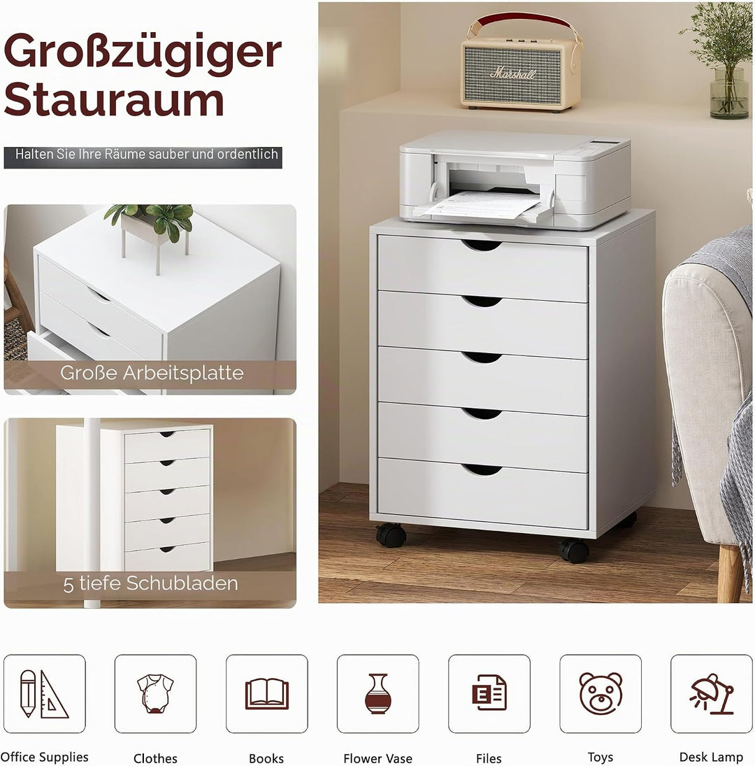 soges Vertikaler Aktenschrank mit 5 Schubladen, mit Rollen, mobiler Aktenschrank unter dem Schreibti