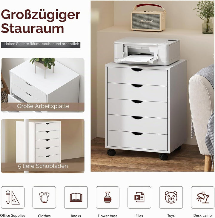 soges Vertikaler Aktenschrank mit 5 Schubladen, mit Rollen, mobiler Aktenschrank unter dem Schreibti