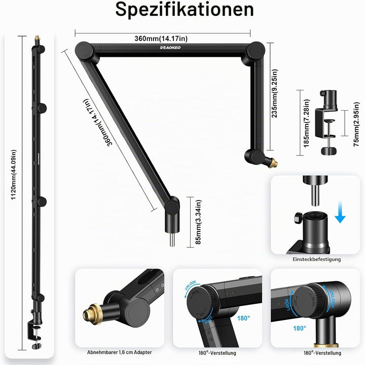 Mikrofon Arm,Aokeo AK-49 Mikrofon Ständer Arm für HyperX QuadCast,SoloCast,Elgato Wave,Shure SM7B,Bl