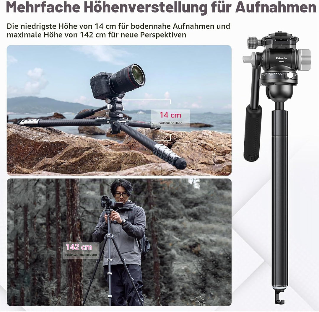 Videostativ Carbonfaser, ULANZI TT09 VideoGo Travel Tripod Reisestativ mit Fluidkopf 360° Pan&amp;-50°/+