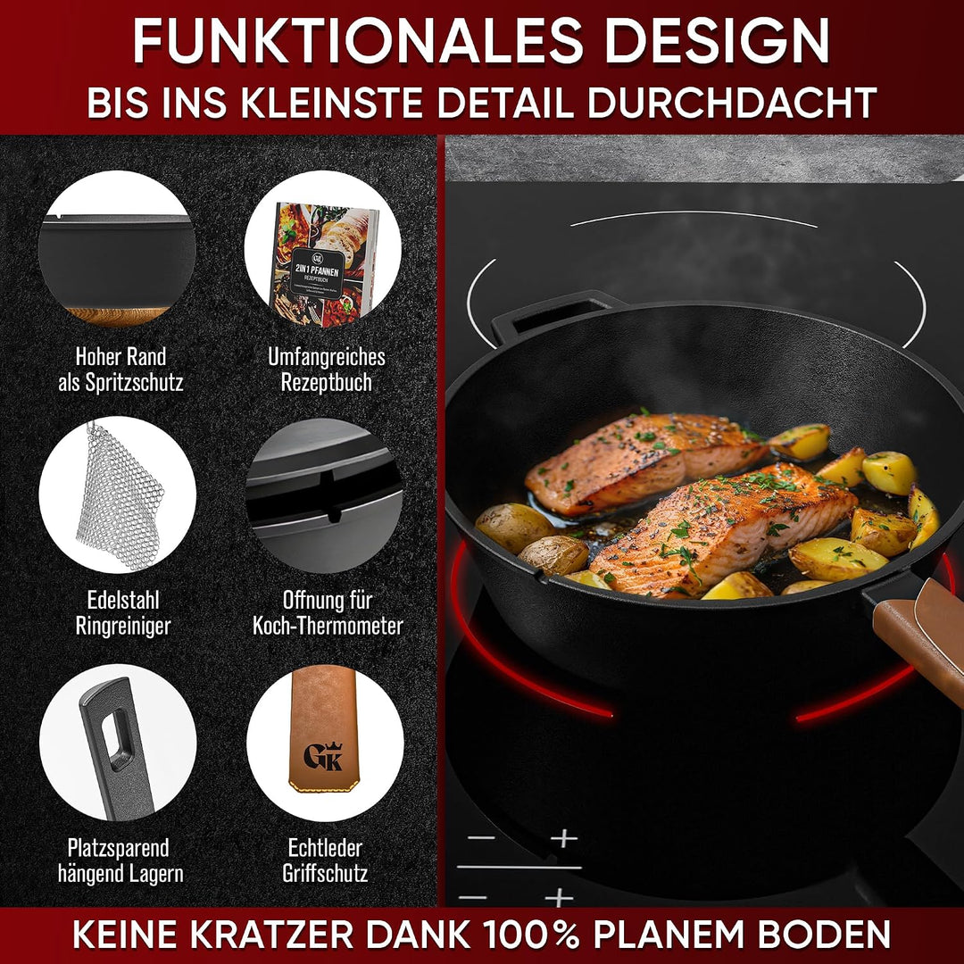 GUSSKÖNIG Dutch Oven - 2 in 1 Eingebrannter Gusseisen Topf 3L &amp; Gusspfanne 1,5L - Cast Iron Pot mit