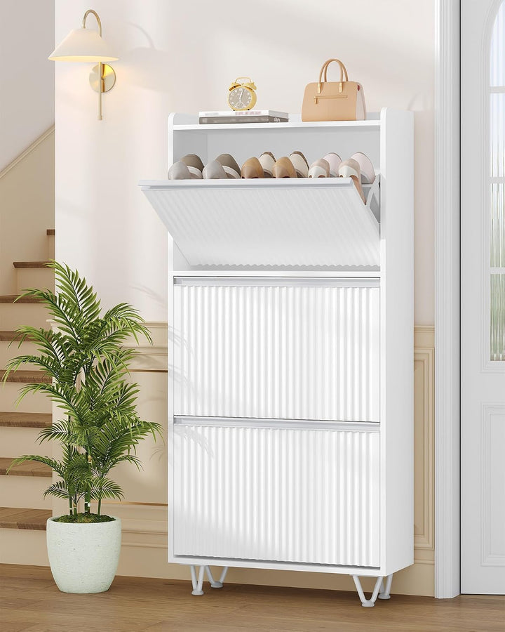 Hzuaneri Schuhschrank mit 3 Klappen, Wellenförmiges Türblatt, 16-18 Paar | Schuhkipper Schmal, Verst