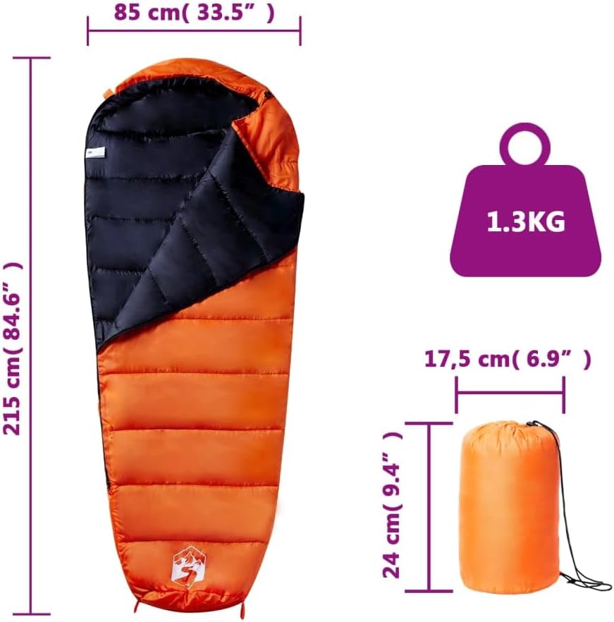 vidaXL Mumienschlafsack für Erwachsene Camping 3 Jahreszeiten Orange und Schwarz 1, Orange und Schwa