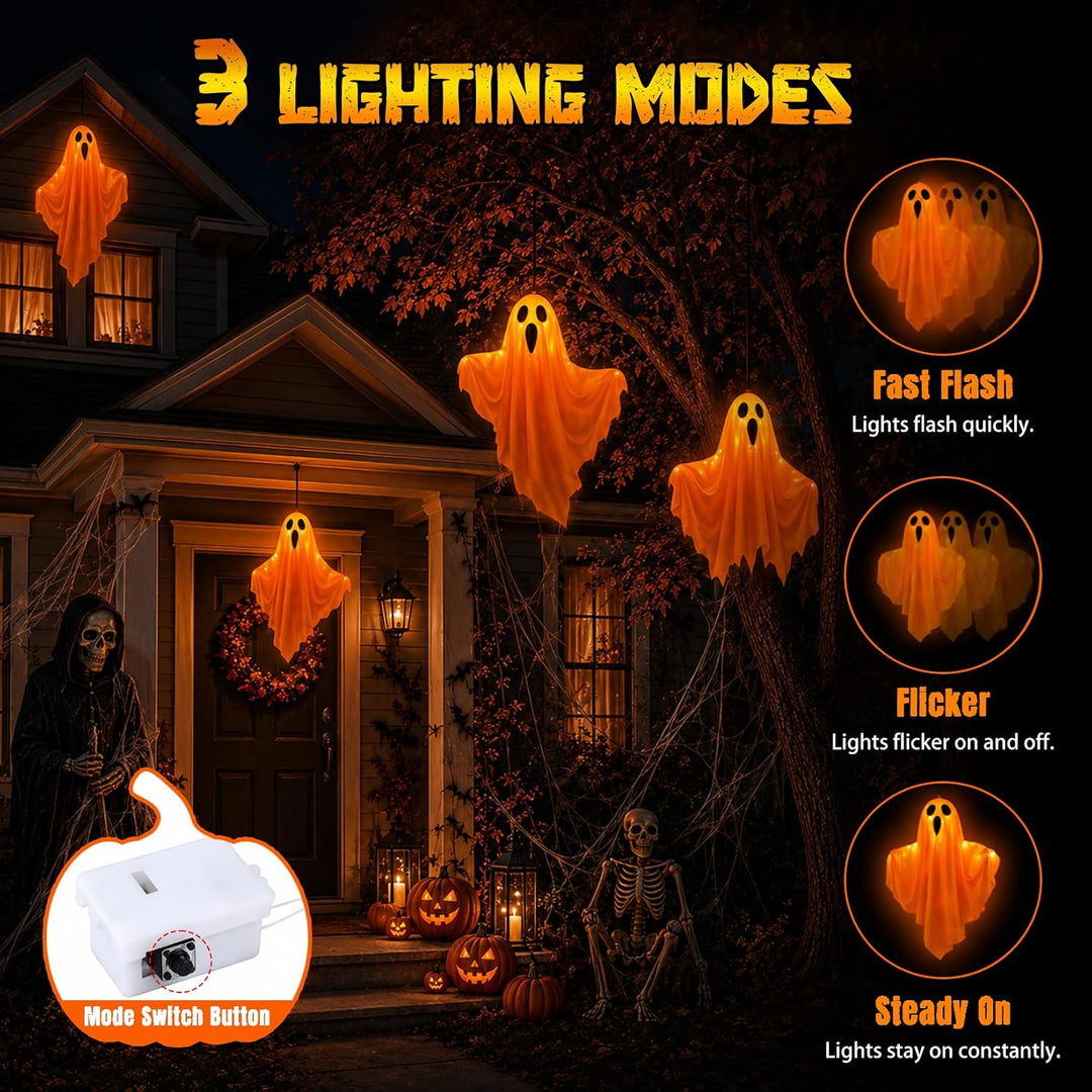 Idota 4er Set Halloween Deko Gespenster in Orange mit LED Lichtern 50cm