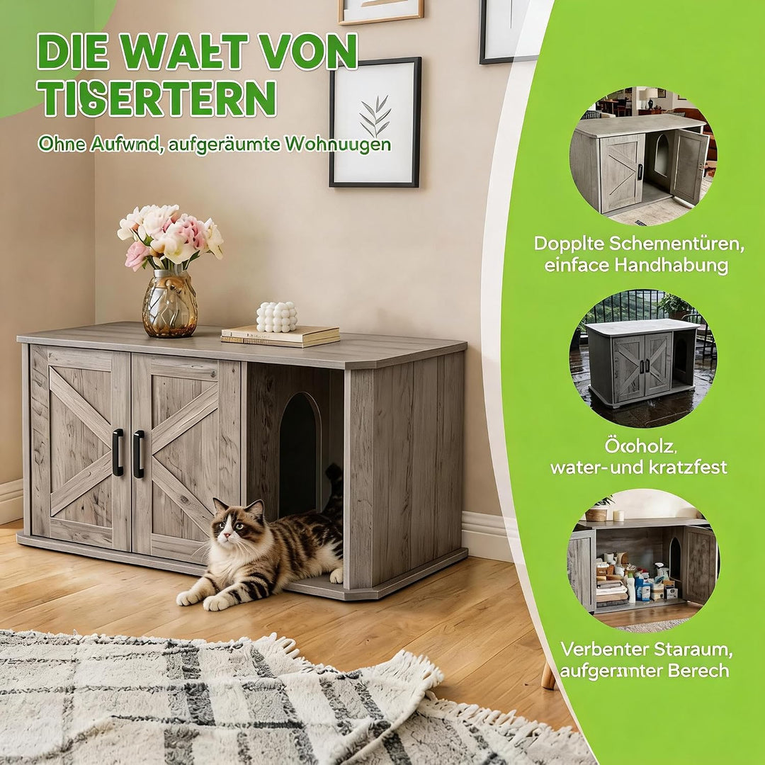 Garvee Graues Haustiermöbel Katzenhaus Einhausung Geruchskontrolle Doppeltür Seiteneingang, Grau