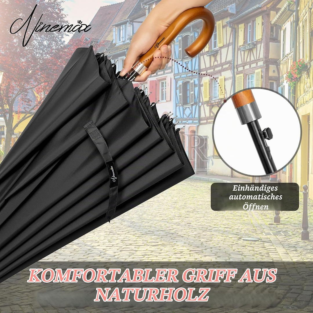 NINEMAX Regenschirm Stockschirm Sturmfest für Herren Damen, Grosser Regenschirm Holzgriff, Classic S