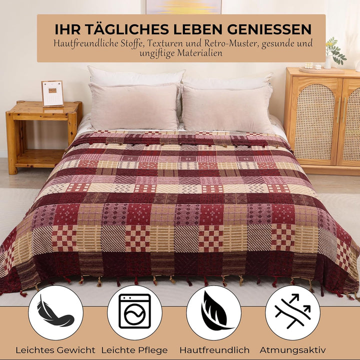 HOORDRY Chenille Gewebte Decke,Patchwork Doppelseitig Überwurf Rot 220 x 260 cm, Rot 220 x 260 cm