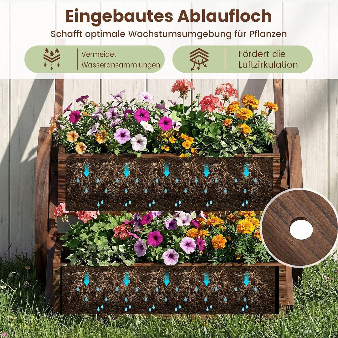 COSTWAY Blumenwagen Holz, Blumenständer mit 2 Rädern &amp; Griffen &amp; Drainagelöchern, Pflanzwagen, 2-stu