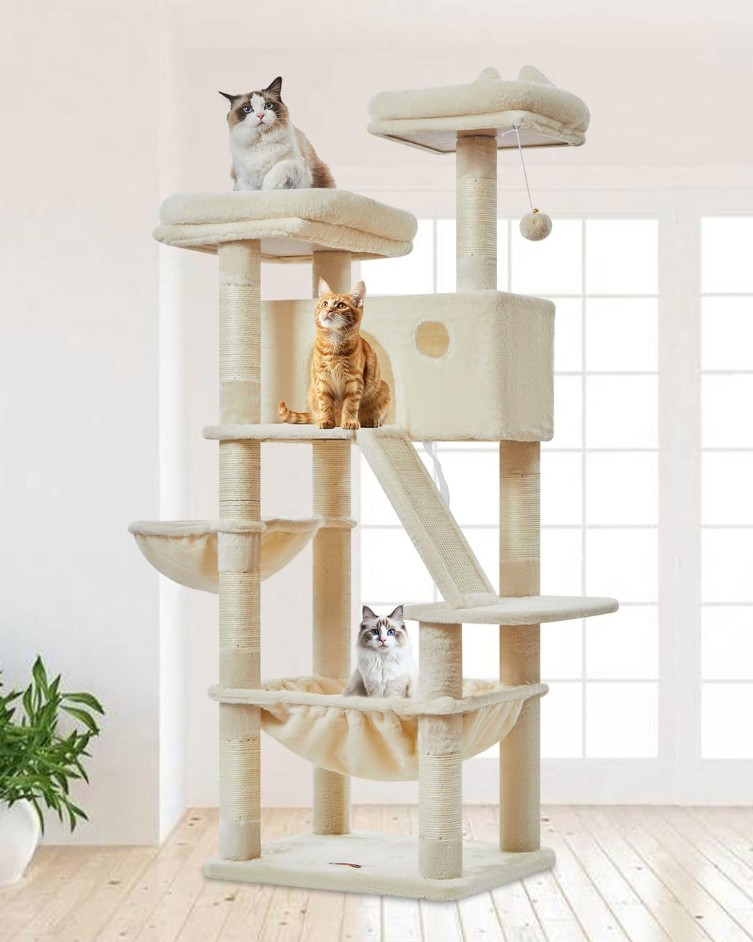 Taoqimiao 146CM Kratzbaum Gross, Katzenbaum Katzen Kratzbaum Grosse Katzen Stabil mit 2 Katzenhaus,
